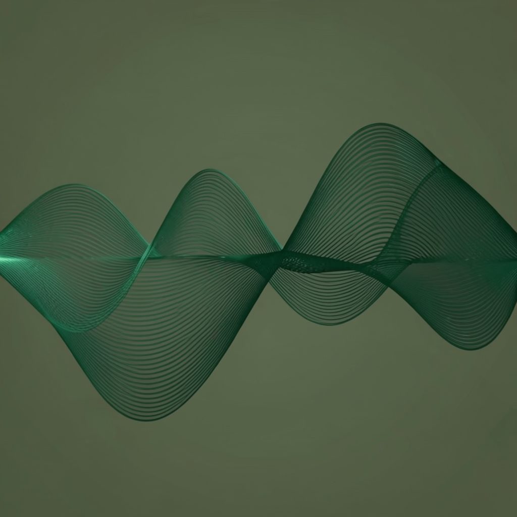 Abstract soundwave pattern in dark green against a muted olive background, soft flowing curves suggesting rhythm and fresh energy