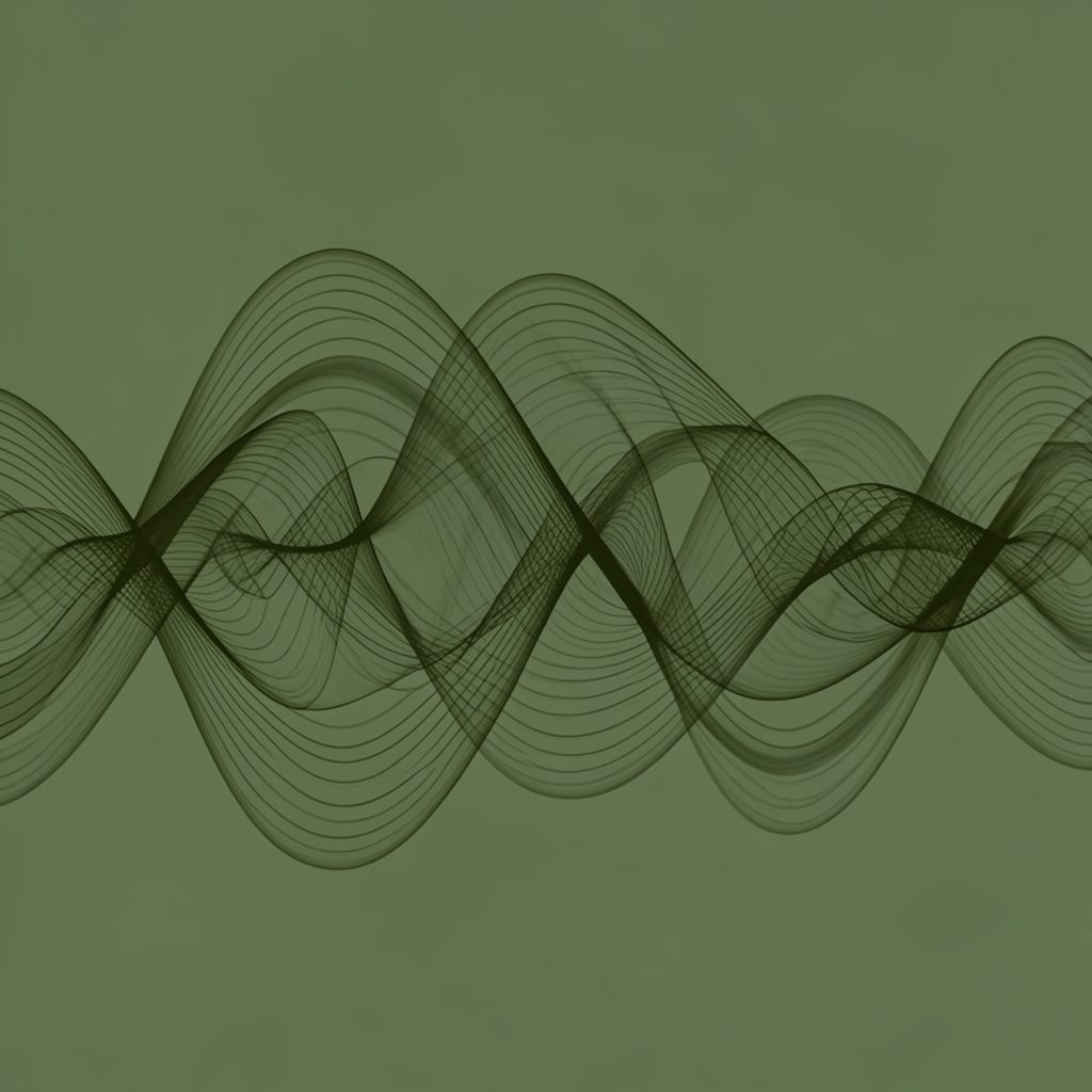 Abstract soundwave pattern in dark olive green against a muted green background, with flowing curved lines suggesting music