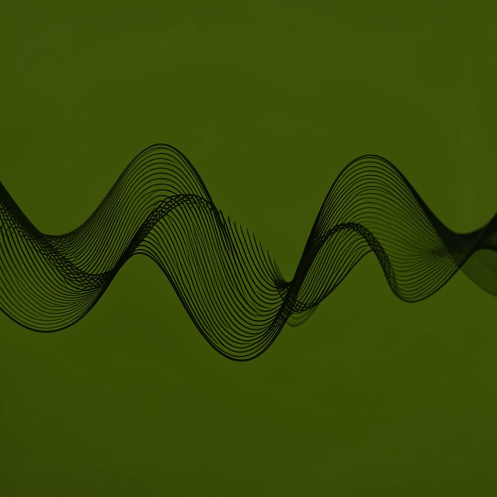 Abstract soundwave pattern in dark olive green against a green background, flowing curves suggesting music and rhythm