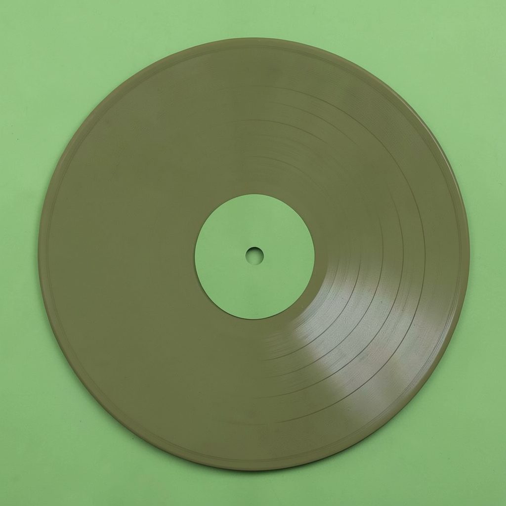 Abstract circular vinyl record silhouette in muted olive tones against a green background