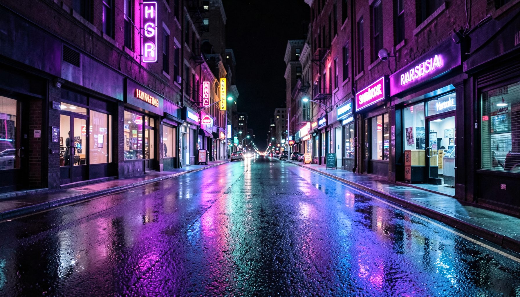 Neon-lit urban street at night with purple and cyan reflections on wet pavement