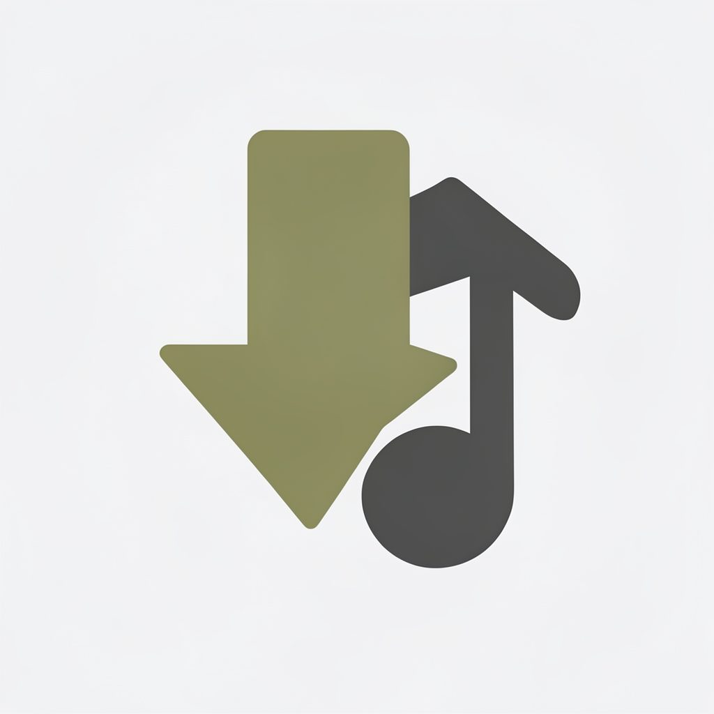 Stylized illustration of a download arrow merging with a music note, in muted olive green and charcoal tones