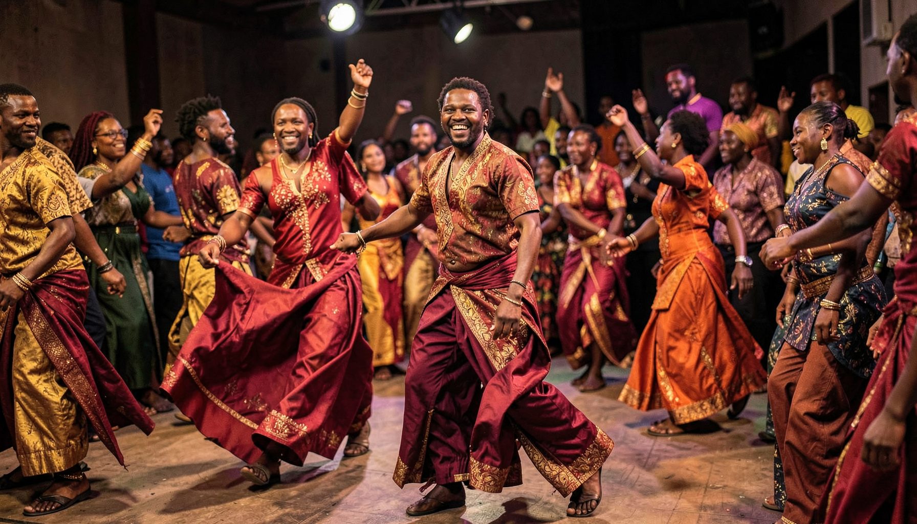 Colorful Afrobeat dance scene with rich earth tones, flowing fabrics in deep red and gold