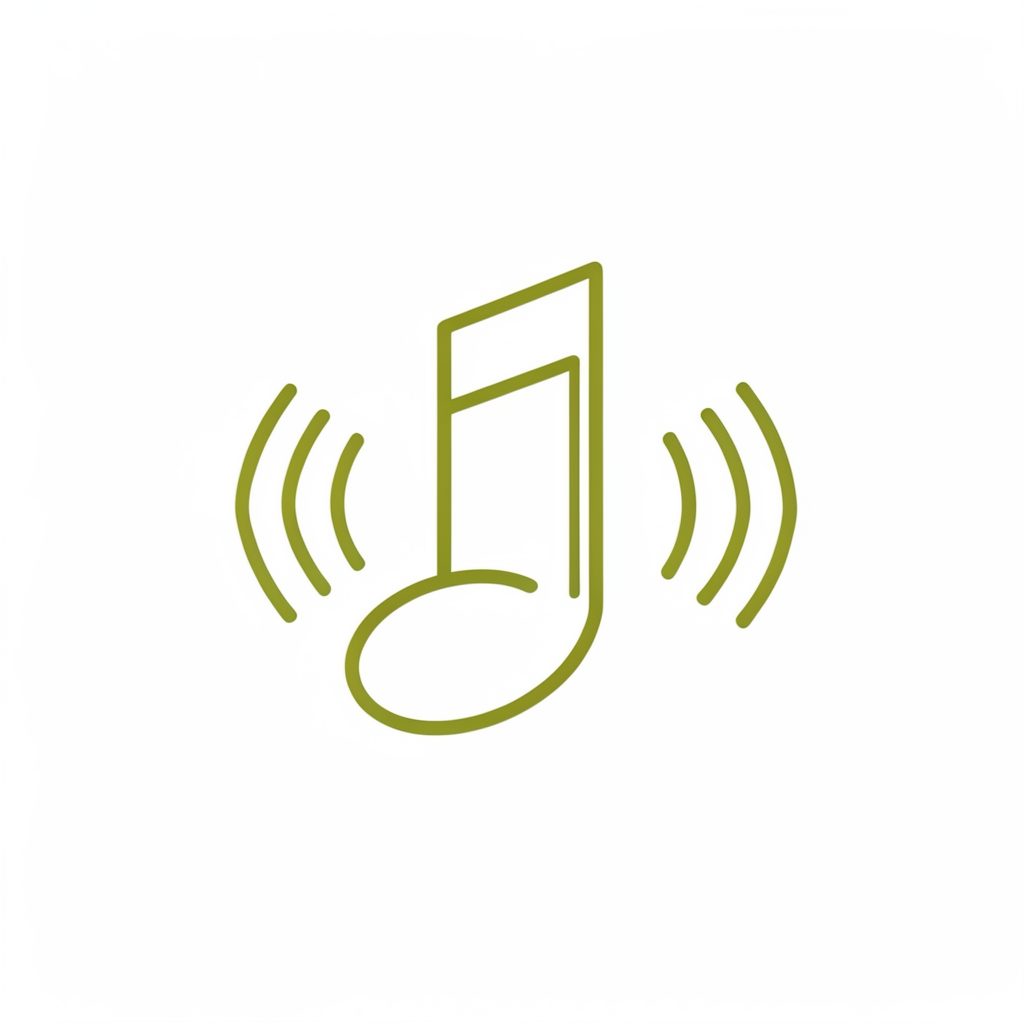 Simple line-art illustration of a music note and sound waves in olive green on a white background, clean and minimal